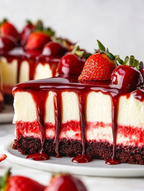 Red Velvet Cheesecake Bliss! ❤️  ❤️ 𝗜𝗻𝗴𝗿𝗲𝗱𝗶𝗲𝗻𝘁𝘀 ❤️ Red Velvet Cake Layer: 1½ cups all-purpose flour 1 cup sugar ½ cup unsalted butter, softened 2 eggs 2 tbsp cocoa powder 1 tsp vanilla extract ½ cup buttermilk 1 tsp red food coloring Cheesecake Layer: 16 oz cream cheese, softened ½ cup sugar 2 eggs 1 tsp vanilla extract Topping: 1 cup fresh strawberries ¼ cup strawberry sauce ❤️ Knock You Naked Red Velvet Cheesecake, Personal Size Cheesecake, Red Velvet Dessert Cups, Christmas Strawberry Cheesecake, Strawberry Red Velvet Cake, Best Red Velvet Cheesecake Recipe, Strawberry Swirl Cheesecake Recipe, Red Velvet Strawberry Cheesecake, Easy Red Velvet Cheesecake