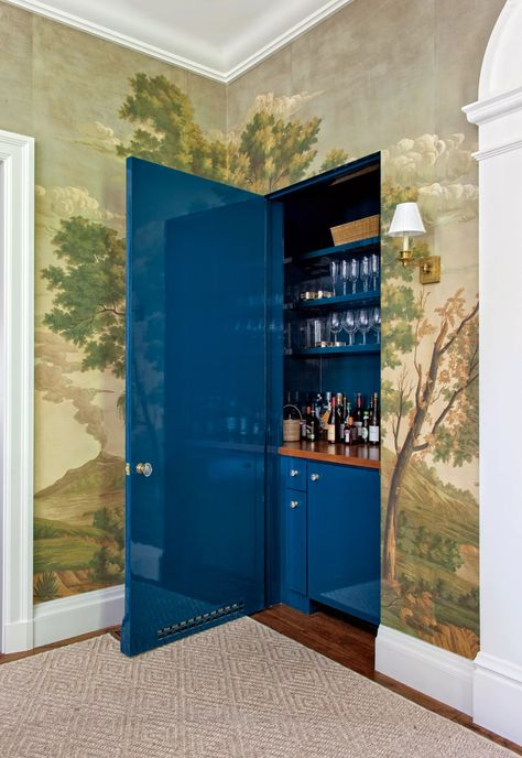 Closet Bar, Hidden Bar, Scenic Wallpaper, Luxury Bar, Built In Bar, Home Bar Furniture, Colonial Revival, Inviting Home, Dining Room Walls