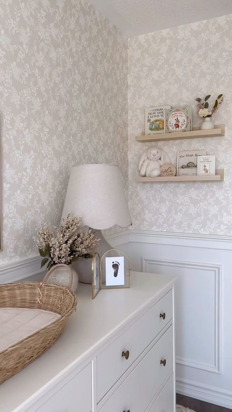 Baby Nursery Shelf, White Gender Neutral Nursery, Crib With Changing Table Nursery, Mirror And Shelves Above Changing Table, Dani Austin Nursery, White Wainscoting Nursery, Original Nursery Ideas, Chair Rail Molding Nursery, Nursery Kallax Ikea