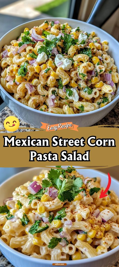 Bring the bold flavors of Mexican street food to your table with this vibrant Mexican Street Corn Pasta Salad. It’s a zesty, creamy dish that’s perfect for picnics, potlucks, or any casual meal. #StreetCornSalad #MexicanFlavors #PastaSalad Mexican Street Corn Slaw, Street Corn Salad Mexican, Corn Pasta Salad Recipes, Mexican Corn Pasta Salad, Mexican Food Potluck, Potluck Pasta Dishes, Taco Pasta Salad Recipes, Mexican Potluck Dishes, Street Corn Recipes