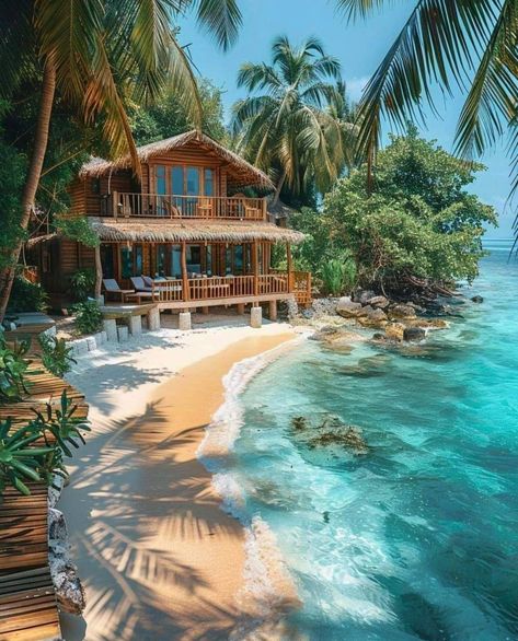 Beach Bungalow Aesthetic, Remote Island Aesthetic, Cozy Beach House Exterior, Stranded On An Island Aesthetic, Family Vacation Aesthetic, Tropical Mansion, Destiny Islands, Stranded Deep, House On The Beach