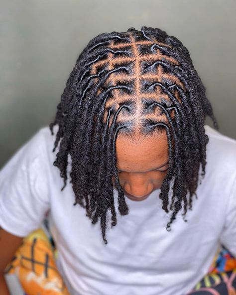 Starter Locs Middle Part, Faux Locs Hairstyles For Men, Medium Size Locs Men, Middle Part Starter Locs, Locs With Middle Part, Medium Locs Men, Middle Part Dreads, Middle Part Dreads Men, Middle Part Locs Men