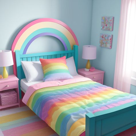 Girls Colorful Bedroom Ideas, Rainbow Girls Bedroom Ideas, Rainbow Bedroom Girl, Pastel Rainbow Girls Room, Girls Rainbow Bedroom Ideas, Kidcore Decor, Rainbow Room Kids Girl Bedrooms, Rainbow Room Aesthetic, Kids Rainbow Bedroom