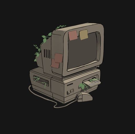 Nostalgic Technology Drawing, Old Technology Art, Retro Computer Drawing, Overgrown Computer, Old Computers Aesthetic, Computer Aesthetic Drawing, Vintage Computer Illustration, Old Computer Tattoo, Retro Futuristic Computer