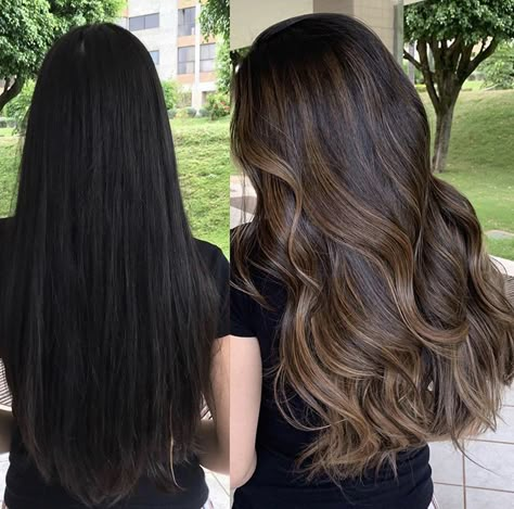 Black Hair Balayage Tan Skin, Black Hair Full Highlights, Light Brown Hair With Black Roots, Bleach Free Balayage Dark Hair, Dark Brown Hair Balayage Ashy, Black Hair To Brown Before And After, Dark Hair To Light Before And After, Black To Brown Balayage, Brown Hair Bayalage