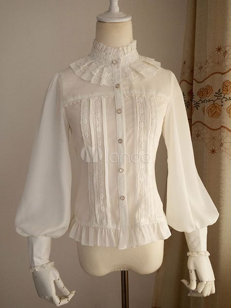 Lolitashow White Chiffon Lolita Blouse Long Gigot Sleeves Ruffles Stand Collar High Collar Shirts, Women Chiffon Blouse, Leg Of Mutton Sleeve, High Neck Blouse, Vintage Princess, Chiffon Floral, White Chiffon, Mori Girl, Gothic Outfits