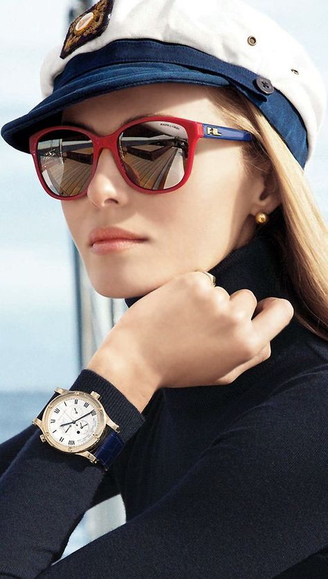 Nautical Chic in Navy Eyewear Ad, Bregje Heinen, Nautical Chic, Eyewear Trends, Nautical Looks, نظارات شمسية, Ray Ban Aviator, Wearing Sunglasses, Trendy Sunglasses