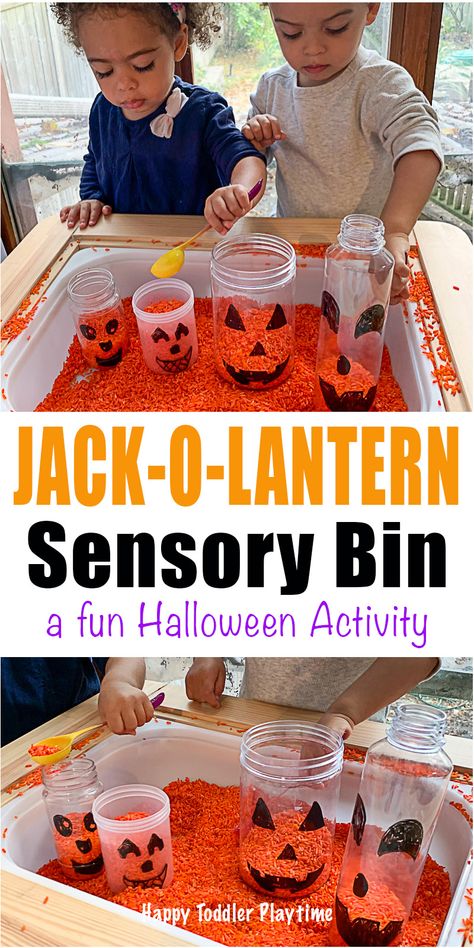 Jack-o-Lantern Sensory Bin for Toddlers - Happy Toddler Playtime Orange Rice Sensory Bin, Fall Country Crafts Diy, Call Sensory Bin, Fall Harvest Activities For Toddlers, Halloween Crafts For 18month Olds, August Sensory Bin Ideas, Daycare Teacher Halloween Costumes, Fire Sensory Bin, Family Sensory Bin