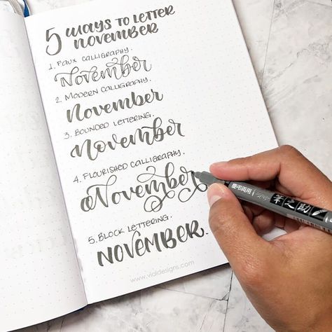 Learn how to letter November 5 different ways | Lettering for bullet journal | #vialdesigns #learnlettering #letteringforbulletjournal #bulletjournallettering Free Lettering Worksheets, Hand Lettering Worksheet, Free Calligraphy Fonts, Calligraphy Tutorial, Faux Calligraphy, Handwriting Alphabet, Free Script Fonts, Script Monogram, Art Journal Techniques