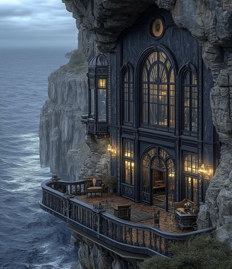 Gothic Balcony, Cliffside Castle, Cliffside House, Photography Buildings, Fantasy Architecture, Fairytale House, Virginia Beach Virginia, Castle Aesthetic, Dream Life House