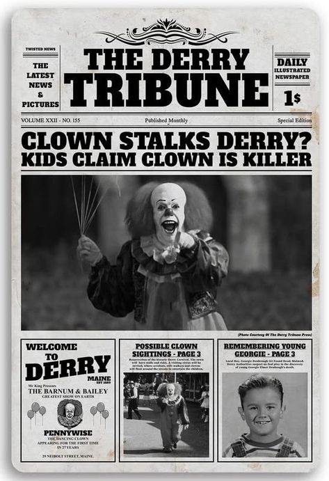 Horror Movie Newspaper, Pennywise Poster, Home Theater Wall, Movie Newspaper, Cave Bedroom, Man Cave Bedroom, Funny Vintage Photos, Gothic Wall Decor, Horror Movies Scariest