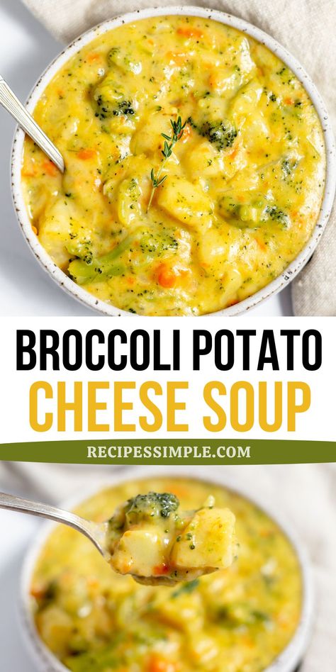 This delicious Broccoli Potato Cheese Soup is a hearty blend of potatoes, broccoli, and rich, cheesy goodness. This is an easy soup recipe and will surely be a new family favorite. Natural Monjauro Recipe, Crock Pot Potato Broccoli Cheddar Soup, Loaded Broccoli Potato Soup, High Protein Broccoli Cheese Soup, Broccoli Potato Cheese Soup Crockpot, Soup Recipes With Noodles, Dinners When Your Sick, Crockpot Potato Broccoli Cheddar Soup, Soup Recipes Broccoli Cheddar