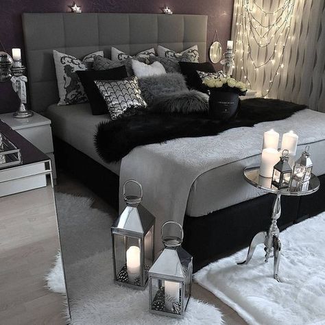 This is one example of creating a dark room with gray. It uses a lot of darker shades as well as black accent pieces to get a very deep look, with just a little lighting on the side to warm things up. Dekorasi Kamar Tidur, Grey Bedroom, Black Bedroom, Romantic Bedroom, Couple Bedroom, Gray Bedroom, White Bedroom, Dream Rooms, Beautiful Bedrooms