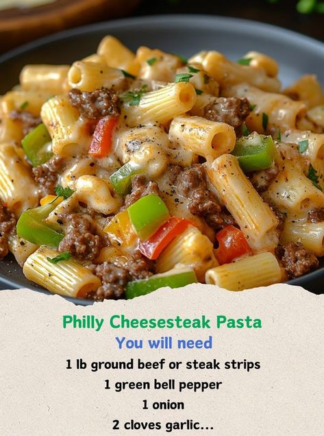 Cheese Steak Pasta, Weight Watchers Pasta Recipes, Philly Cheesesteak Pasta, Cheesesteak Pasta, Steak Strips, Philly Cheese Steak Casserole, Steak Pasta, Philly Cheese, Green Bell Pepper