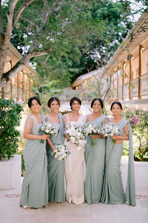 Green Saree Bridesmaid, Sage Green Bridesmaid Saree, Indian Bridesmaids Saree Outfits, Sari Bridesmaid Dress, Sage Green Indian Bridesmaid Dresses, Bridesmaid Dresses Indian Christian, Indian Bridesmaids Outfits Saris, South Indian Bridesmaids Saree, Bridesmaid Saree Color Schemes