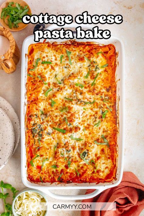 Made with only a handful of ingredients, this super simple cottage cheese pasta bake is a cheesy, delicious casserole that the whole family will love. Loaded with tender pasta, cottage cheese, marinara sauce, spinach, basil, and garlic, then topped with melted mozzarella, this pasta casserole is sure to have everyone reaching for seconds. Healthy Spaghetti Casserole, Baked Rigatoni With Cottage Cheese, Spaghetti Sauce With Cottage Cheese, How To Make Pasta Bake, Baked Pasta Cottage Cheese, Cottage Cheese Spaghetti Bake, Baked Ziti With Ground Beef And Cottage Cheese, Pasta Bake Cottage Cheese, Lasagna Casserole With Cottage Cheese