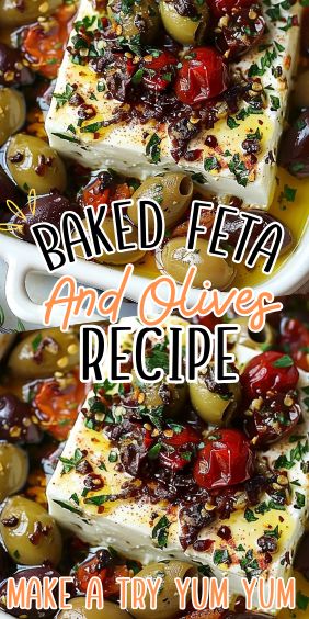 Baked Feta and Olives Baked Feta And Olives Recipe, Baked Feta With Olives And Sundried Tomatoes, Feta Olive Bake, Baked Feta Olives, Mediterranean Baked Feta Dip, Whipped Feta With Olives, Feta Cheese Appetizers Appetizer Ideas, Baked Feta And Olives, Baked Feta With Olives And Tomatoes