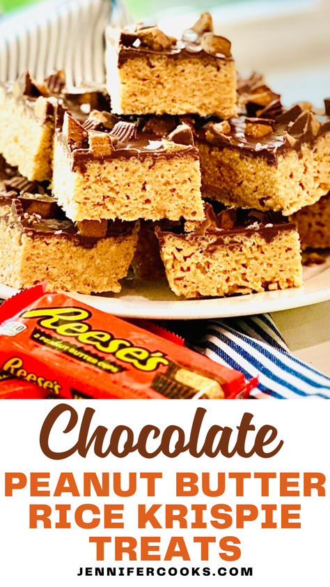 Experience the perfect harmony of chocolate and peanut butter with these delightful Chocolate Peanut Butter Rice Krispie Treats. With layers of crispy cereal, creamy peanut butter, and luscious melted chocolate topped with Reese’s cups, each bite offers a deliciously sweet and salty flavor. This quick recipe is ideal for gatherings or a tasty snack at home. Enjoy the ultimate dessert experience! Reeses Peanut Butter Rice Krispie Treats, Rice Krispy Treats With Peanut Butter, Reeces Pieces Dessert, Candy Bar Rice Krispie Treats, Muddy Buddy Rice Crispy Treats, Snicker Rice Krispie Treats, Reese Rice Krispie Treats, Chocolate Peanut Butter Crispy Bars, Chocolate Peanut Butter Crunch Pie