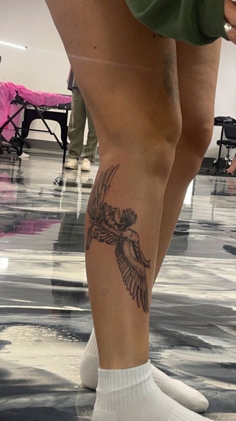 Calf Tattoos For Women, Icarus Tattoo, Greek Tattoos, Leg Tattoos Women, Knee Tattoo, Calf Tattoo, Subtle Tattoos, Black Ink Tattoos, Elegant Tattoos