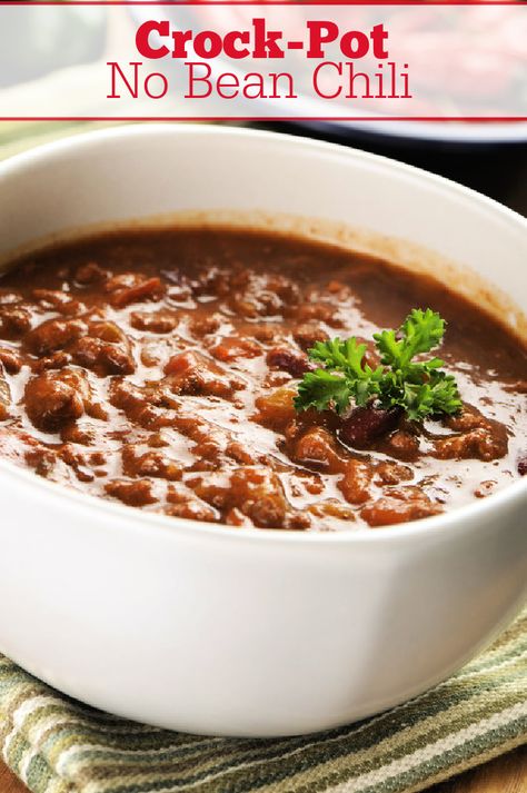 Crock-Pot No Bean Chili - Skip the beans in this EASY 5 ingredient recipe for Crock-Pot No Bean Chili. A frugal meal that hits the spot on a cold autumn or winter day! [Gluten Free, Keto, Low Calorie, Low Carb | Low Fat | Low Sugar & 5 Weight Watchers SmartPoints (Blue, Green & Purple plans)] #CrockPotLadies #CrockPot #SlowCooker #Chili #KetoRecipes #Keto #5IngredientsOrLess #WeightWatchers #FrugalRecipes #KidFriendly White Beans Recipe, White Bean Chili Recipe, Recipe With Ground Beef, White Bean Recipes, Ground Beef Chili, Slow Cooker Chili Recipe, Beef Chili Recipe, White Bean Chili, Bean Chili Recipe