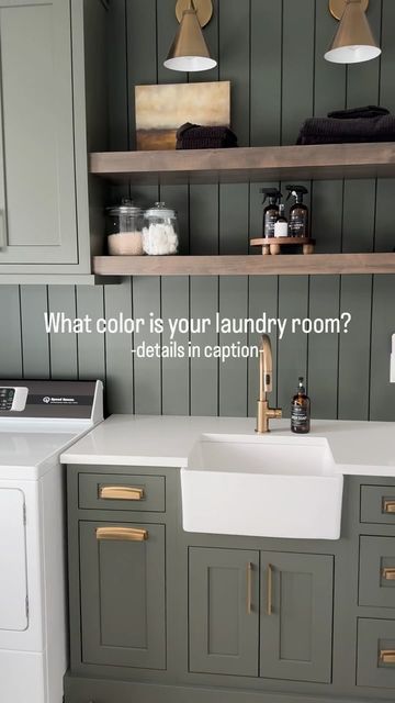 Painted Cabinets In Laundry Room, Color Drench Small Laundry Room, Light Green Cabinets Laundry Room, Sw Cast Iron Cabinets, Green Paint Laundry Room, Utility Room Cabinet Colors, Sage Green Laundry Room Ideas, Laundry Room Design Green, Laundry Room With Green Cabinets