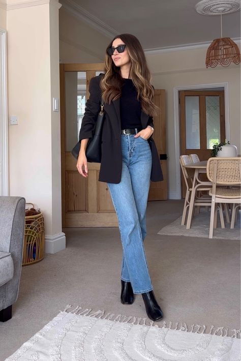 Straight High Jeans - Denim blue - … curated on LTK Jeans And Boots Office Outfit, Winter Outfits Formal Women, Women Jeans Work Outfit, Women Outfits Fall 2024, Ankle Boots Straight Leg Jeans, Blue Jean Office Outfit, Office Looks With Jeans, Nice Jean Outfits, Chic Jeans Outfit Winter