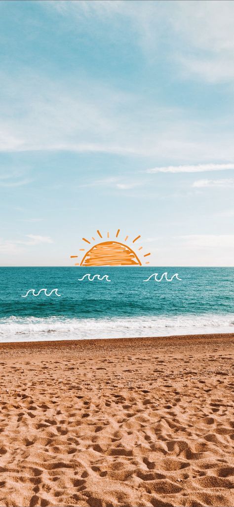 Drawing of sun over the ocean🦋✨🥥🌊☀️ Cute Summer Preppy Wallpapers, Sun And Beach Wallpaper, Summertime Aesthetic Wallpaper, Summer Asthetic Wallpers, Beach Background Wallpapers, Beachy Wallpapers For Iphone, Cute Ocean Wallpapers, Summer Backgrounds Aesthetic, Drawing Of Sun