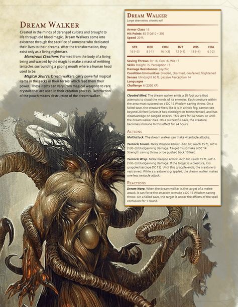 Dream Walker: DnD 5e Homebrew Dnd Dream Monster, Witcher Dnd, Dnd Homebrew Monsters, Lovecraftian Monsters, Dream Monster, 5e Monsters, Dream Walker, Witcher Monsters, Homebrew Monsters