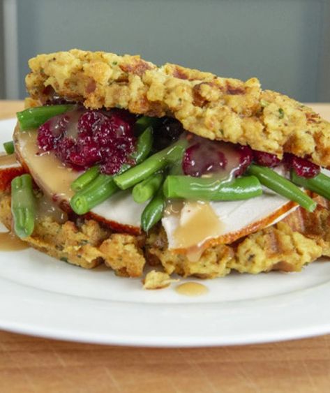 Image of Stuffing Waffle Sandwich Stuffing Waffles Thanksgiving, Stuffing Waffles, Waffle Sandwich Recipe, Butterball Recipe, Roast Turkey Gravy, Savory Waffle Recipe, Butterball Turkey, Waffle Iron Recipes, Waffle Maker Recipes