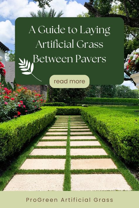 Artificial grass lawn with bushes and stone pavers in Charlotte, NC. Pavers With Grass In Between, Grass Between Pavers, Laying Artificial Grass, Artificial Grass Installation, Driveway Landscaping, Paver Driveway, Backyard Inspo, Artificial Grass, Outdoor Area