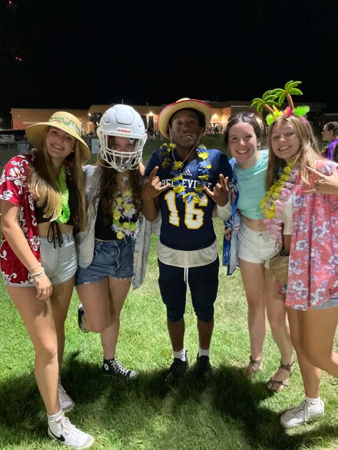 #hawaiian #hawaiiantheme #tropical #theme #football #fnl #seniorszn Tropical Football Theme, Hawaiian Football Theme Outfit, Hawaiian Theme Football Game, Hawaiian Themed Outfits, Fb Games, Football Theme, Football Game Outfit, Football Themes, Hawaiian Theme