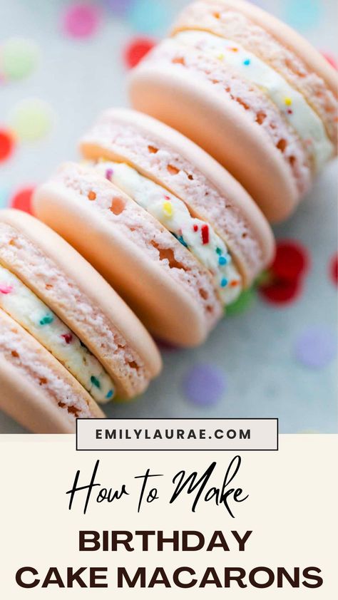 Hold the candles and grab your party hats: these Birthday Cake Macarons put the FUN in funfetti! Delicate French meringues are filled with a white chocolate cream cheese frosting peppered with colorful sprinkles for a dainty and delicious celebratory sweet. Birthday Cake Cream Cheese Frosting, Macaron Icing Recipe, Macaron Birthday Party, Cosmic Brownie Macaron, Macaron Fillings Ideas, Macaroons Birthday Cake, Cake Batter Macarons, Macarons Filling Ideas, Macaroon Filling Flavors