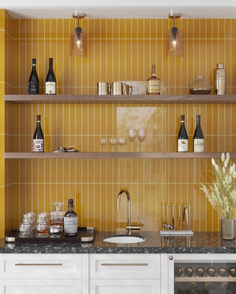 Meet Viva Ceramic Subway Tiles! 🌟 Elevate your space with 12 glossy, vibrant colors available in both flat and subtle 3D “peak” designs, complete with matching pencil trims. Perfect for creating stunning accent walls or backsplashes, mix and match styles, and get creative with your layout—whether vertical, horizontal, or a unique pattern. Swipe through to get to know our NEW collection! 🙌 Bright Kitchen Backsplash, Funky Kitchen Backsplash, Kitchen Backsplash Color, Yellow Kitchen Backsplash, Yellow Tile Kitchen, Hexagon Backsplash Kitchen, Yellow Kitchen Tiles, Yellow Wall Tiles, Subway Tile Kitchen Backsplash