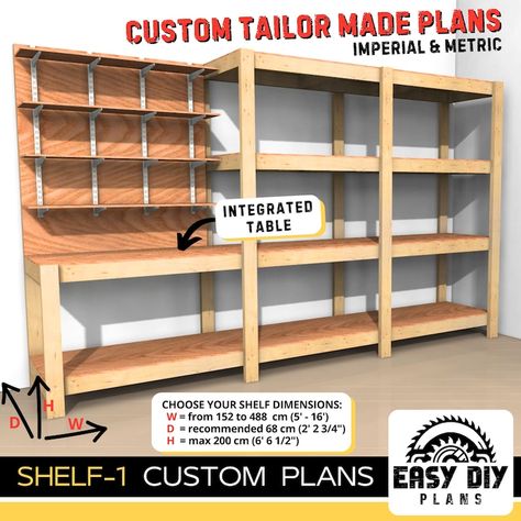 Custom DIY Shelf & Workbench PLANS Diy Garage Shelf Workbench Plan Diy Custom Plans Easy Shelf Woodworking Plans Downloadable Plans MODEL1 - Etsy Diy Garage Shelf, Garage Redo, Garage Storage Units, Build Your Own Garage, Garage Utility, Workbench Plan, Easy Shelves, Shelf Dimensions, Workbench Plans Diy