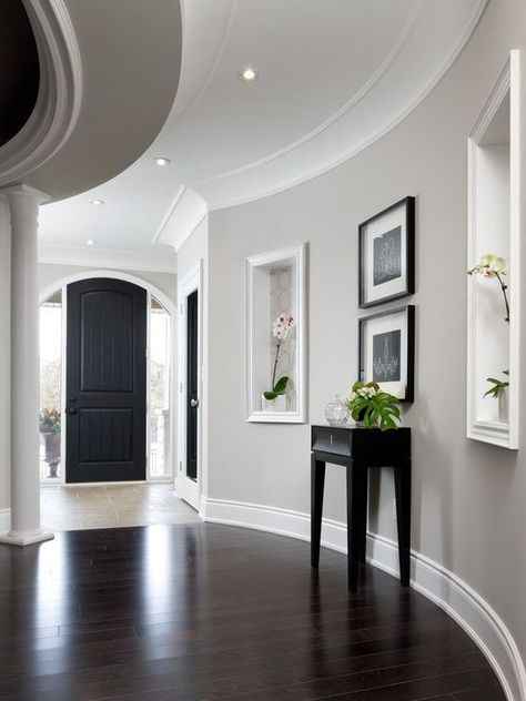 Ideas to update dark wood door and window trim with the right paint colour like Sherwin Williams Repose Gray Shades Of Grey Paint, Dark Wood Trim, Interior Ikea, Grey Hallway, Modern Paint Colors, Grey Paint, Grey Paint Colors, Room Paint Colors, Brown Living Room