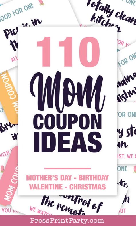 110 Mother's Day Coupons for Mom Ideas - Press Print Party! Mother’s Day Coupon Book Diy, Coupon Book Ideas For Mom, Mom Coupon Book Ideas Mother's Day, Diy Coupons For Mom, Coupon Book For Mom Ideas, Birthday Coupons For Mom, Home Made Coupons, Kids Coupon Book Ideas, Diy Coupon Book For Mom