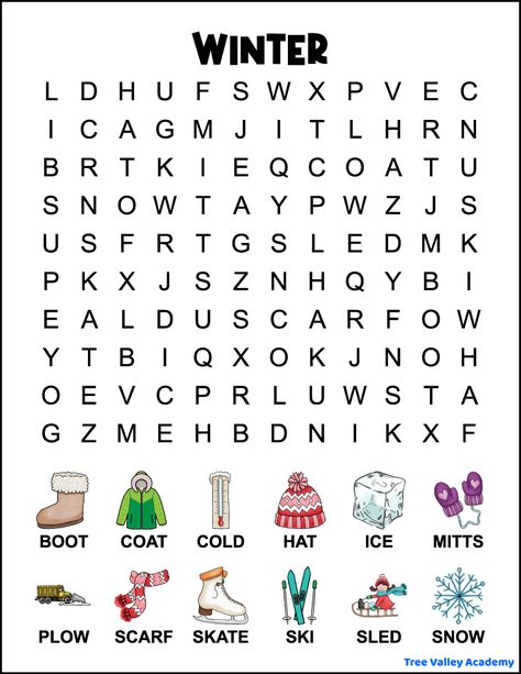 A printable 1st grade winter word search for kids. The easy word search has 12 winter words hidden in a 10 X 12 grid of uppercase large print letters. The winter words to find are: boot, coat, cold, hat, ice, mitts, plow, scarf, skate, ski, sled, and snow. There are small images in color, above each word to find. December Worksheets 1st Grade, Winter Word Search Free Printable Kids, Winter Worksheets 1st Grade, Winter Hidden Pictures Free Printable, Winter Craft Second Grade, Winter For Kids Activities, Winter Wordsearch Free Printable, Winter Activities 2nd Grade, 1st Grade Word Search