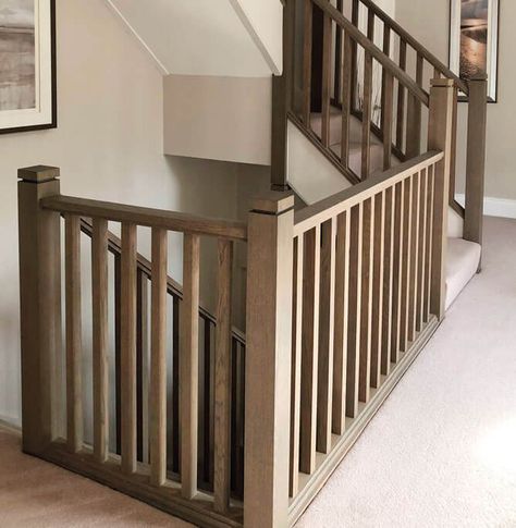 This elegant dusted oak staircase underlines how Neville Johnson can completely transform your existing staircase with no fuss or major upheaval. Cottage Banister Ideas, Two Storey Staircase Ideas, Staircase Wooden Railing, Wooden Banister, Neville Johnson, Wooden Staircase Design, Contemporary Remodel, Baddie Bedroom, Baddie Bedroom Ideas