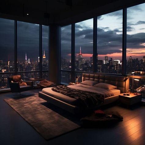 #penthouse #luxury #luxuryfurniture #newyorkcity #interiordesign #bedroom Dark Modern Bedroom, Penthouse Aesthetic, Penthouse Bedroom, Urban Bedroom, Penthouse Interior, Nyc Penthouse, Penthouse Living, Apartment View, Luxury Penthouse