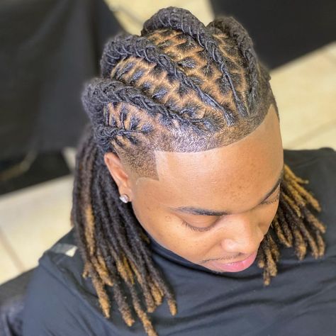 Dread Locks Styles Men, Wedding Dreadlock Hairstyles For Men, Men Dreads Styles Black Man Wedding, Mens Long Locs Hairstyles, Wedding Locs Hairstyles Men, Dread Designs For Men, Dreads Braided Men Style Long, Loc Cornrow Styles Men, Loc Hairstyles Men Long