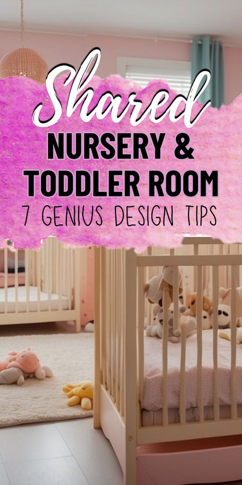 Shared nursery and toddler room design ideas. Nursery And Kids Room Shared, Two Toddler Girls Bedroom Ideas, Gender Neutral Shared Nursery, Infant Toddler Shared Bedroom, Toddler And Baby Girl Shared Room, Twin Bed And Crib Shared Room Layout, Nursery Shared With Sibling, Crib And Bed Shared Room, Baby And Kids Room Shared