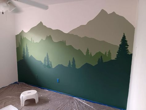 Nursery Ideas National Parks, Outdoor Bedroom Theme, Pnw Nursery Theme, National Park Nursery Boy, Painted Mountains On Wall, National Park Themed Room, National Park Baby Nursery, National Park Nursery Theme, National Park Room