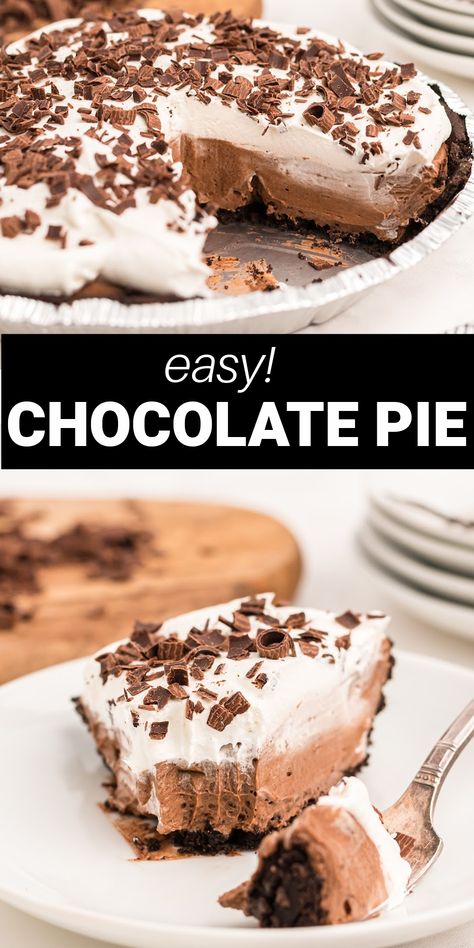 Chocolate Cream Pie is a dreamy no-bake dessert with just 5 simple ingredients. A creamy chocolate pudding is served on an Oreo cookie crust and topped with a layer of whipped cream topping and chocolate shavings. Chocolate No Bake Recipes, Recipes With Oreo Pie Crust, Simple Chocolate Pie Recipe, Chocolate Cream Pie With Oreo Crust, Brownie Bottom Pudding Pie, Chocolate Pie With Oreo Crust, Chocolate Crust Pie Recipes, Chocolate Pie Oreo Crust, Oreo Crust Pie