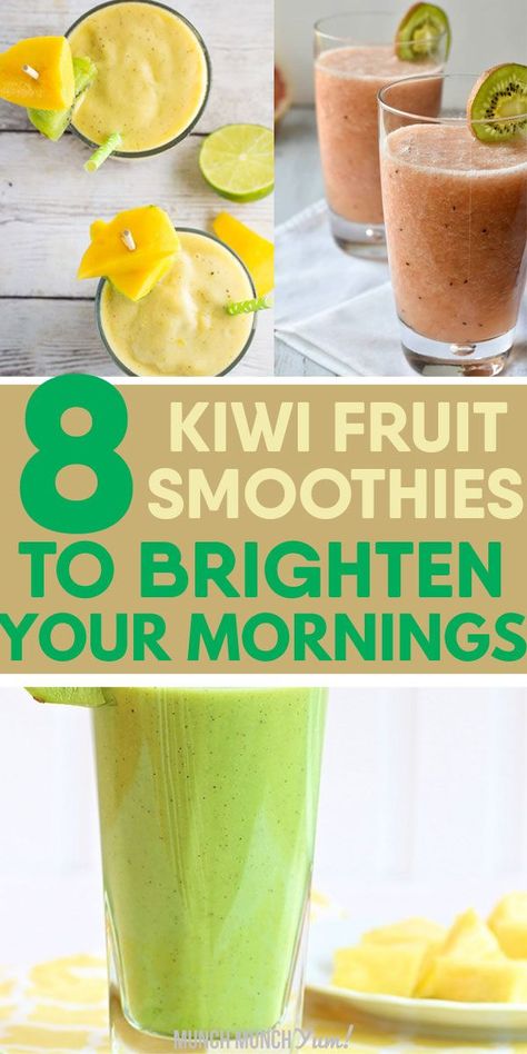 Healthy KIWI SMOOTHIE recipes that are easy to make. Includes green smoothies with spinach or kale to detox or boost your immune system or simple recipes for weight loss or extra protein. Ingredients like strawberry, mango, banana, avocado, blueberry, pineapple, apple, watermelon, orange, raspberry, peach, greek yogurt, blackberry, coconut and more. Great for breakfast in a bowl and for kids. Dairy free vegan options too. Golden benefits! #smoothies #healthyrecipes #healthysmoothies Kiwi Smoothie Recipes, Kiwi Banana Smoothie, Kiwi And Banana, Smoothie Recipes With Yogurt, Kiwi Smoothie, Yummy Smoothie Recipes, Yogurt Smoothies, Spinach Smoothie, Pineapple Smoothie