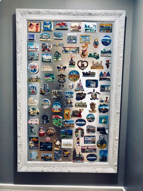 Board For Magnets Ideas, Cute Magnet Board Ideas, Souvenir Magnet Display Board, Modern Magnetic Board, Travel Wall Display Ideas, Displaying Magnets Collection, Magnetic Display Board, Magnetic Board Ideas Decor, Display Magnets Collection