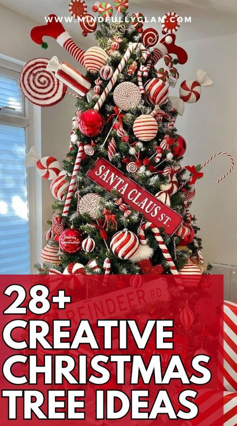 christmas tree ideas Christmas Tree With Top Hat, Candy Gingerbread Christmas Tree, Popcorn Theme Christmas Tree, Red And Green Whimsical Christmas Tree, Candyland Christmas Tree Red And White, Over Decorated Christmas Tree, Mini Christmas Tree Theme Ideas, Christmas Decor Ideas Peppermint, Unusual Christmas Themes