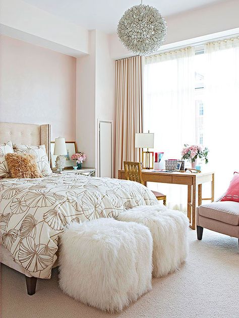 A combination of soft pastels and calming neutrals makes this bedroom a relaxing retreat. Infusing the space with a variety of textures, like the foot-of-the-bed stools and the dimensional chandelier, ensures the neutral space looks anything but dull! http://www.bhg.com/rooms/bedroom/master-bedroom/beautiful-boudoirs/?socsrc=bhgpin010415subtlebeautyroom&page=16 Feminine Bedroom Design, Rose Gold Bedroom, Chic Bedroom Design, Feminine Bedroom, Neutral Bedrooms, Decor Ikea, Gold Bedroom, Pink Bedrooms, Woman Bedroom