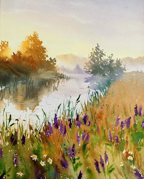 Watercolor Pixel Art, Watercolor Landscape Flowers, Water Colour Land Scapes, Scenery Watercolor Paintings, Watercolour Inspiration Landscape, Watercolor Art People, Water Coloring Painting, Loose Watercolor Landscape, Spring Watercolor Painting