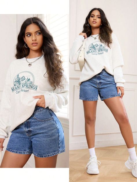 Women's Solid Color Simple Casual Denim Shorts, Summer Jorts Blue Casual   Denim Letter Straight Leg Non-Stretch  Women Clothing, size features are:Bust: ,Length: ,Sleeve Length: How To Style Shorts Outfits, Blue Denim Shorts Outfit, Summer Jorts, Petite Casual, Casual Denim Shorts, Denim Jorts, Summer Shorts Denim, Tapered Leg Jeans, Petite Shorts