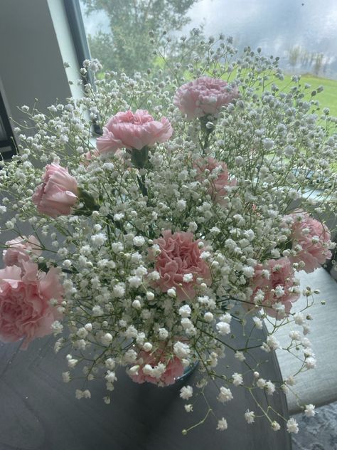 flower bouquet babys breath and pink flowers flower arrangements Baby Breathes Flower Bouquet, Baby's-breath Flower, Pink Flower Planter Ideas, Babies Breath Flower Arrangement, Daisies And Baby Breath, Baby Breaths Bouquet, Carnation And Baby Breath Bouquet, Baby Breathes Flower, Pink Baby’s Breath